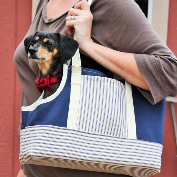 Dog Carrier - Navy Stripe Canvas Pet Tote Bag for Dogs XS to XXL - Custom Fitted to Your Dog's Measurements