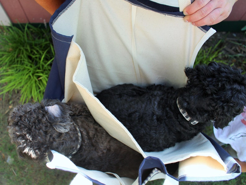 Duplex Dog Carrier, Blue Striped Canvas Dual Pet Carrier Bag to Carry 2 Small Dogs Together, 2 Sizes image 6