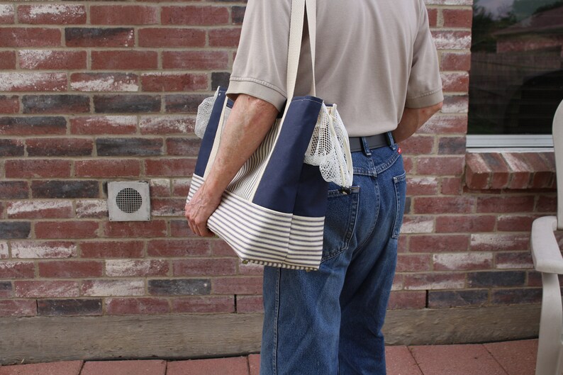 Duplex Dog Carrier, Blue Striped Canvas Dual Pet Carrier Bag to Carry 2 Small Dogs Together, 2 Sizes image 3