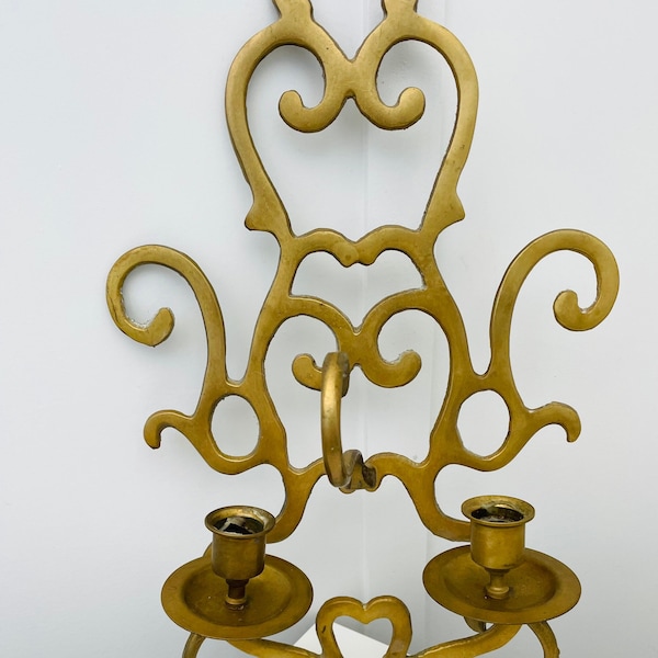 Heavy Vintage Brass Wall Sconce Candle Holder, Brass Double Holder, Sconce with Hook, Tapered Candles