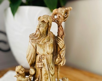 Very Heavy Carved Onyx/Stone Shaolin Monk Statue, Foo Dog, Figure with Staff, Alter Figure, Spiritual, Chinese God Longevity, Wisdom