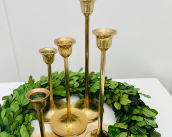 1980s Vintage Brass Tulip Candlesticks Made in Korea Botanical Boho Decor Candle Holders Art Nouveau Revival