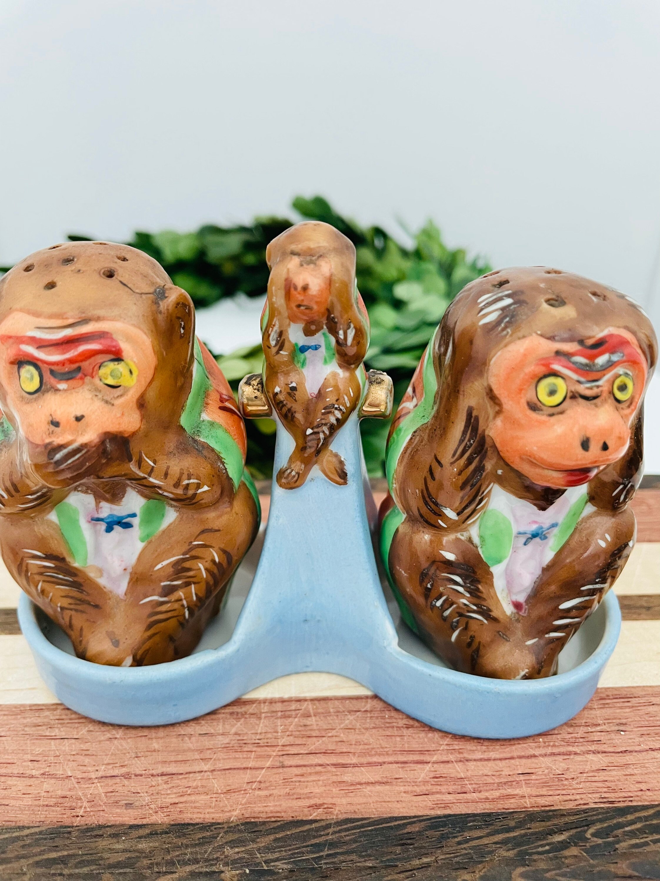 Set Of Vintage Ceramic Monkey Salt & Pepper With Caddy, See No Evil, Hear Speak Made in Japan