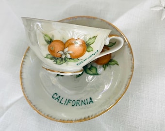 Vintage Porcelain Tea, Espresso, Demitasse cup and Saucer, California Oranges Travel Collectible, E&W, Japan
