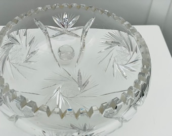 Large Bohemia Cut Crystal Footed Bowl, Pinwheel design, Sawtooth Cut edge,