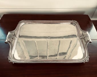Antique English Silver over Copper Handled Butler Tray, Etched Horse, Acanthus Leaf Handles, Rope Boarder, England Hallmarks 24"