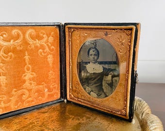Antique TinType Photo in Leather Embossed Book with Latch, Young Women, Female, Ambrotype, daguerreotype