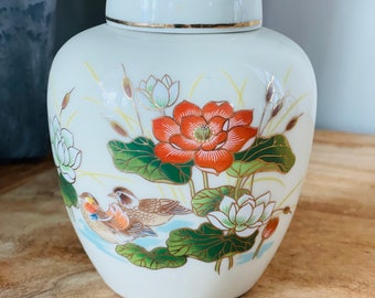 Vintage Otagiri Porcelain Ginger Jar with Quail Gold Trim, Japan