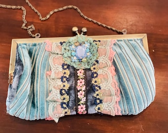 Vintage Floral Clutch with Convertible Chain, Blue Velvet, lace and bead embellishments, Victorian Inspired, Evening Bag, Handbag, Purse