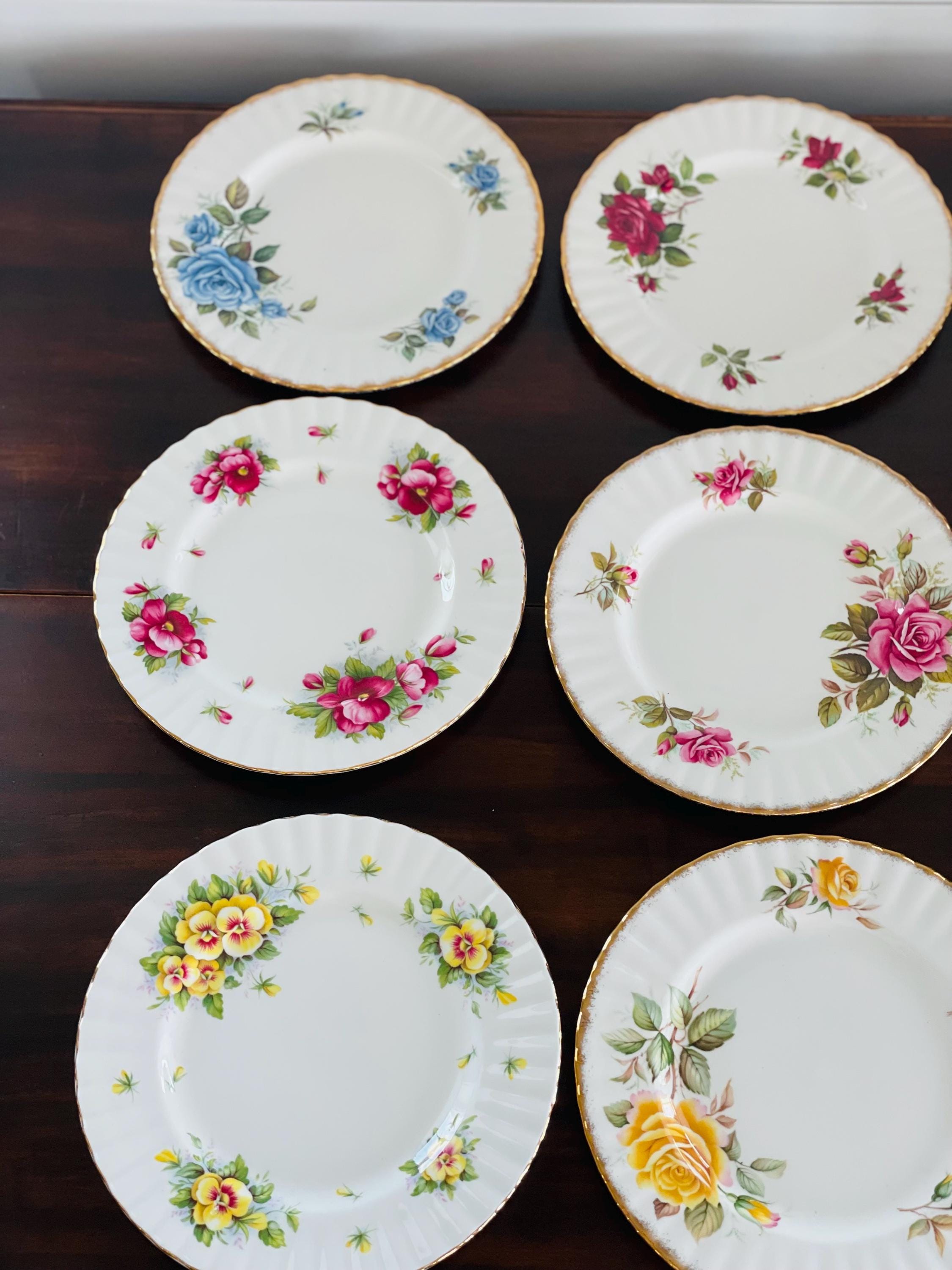 Set of 6 Vintage English Bone China Plates, Golden Crown, Rose