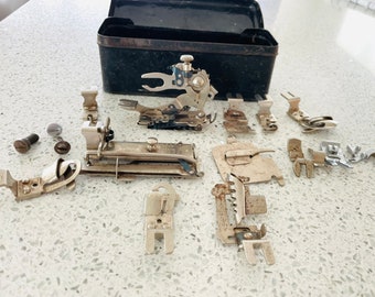 Vintage Greist Sewing Machine Attachments in Metal Box, Sewing Accessories, Replacement Parts