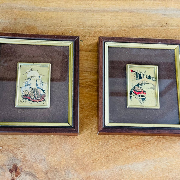 Pair of Framed Italian Art, Creazioni Artistiche, Chromolithographs, Gallery Wall, Foil Art, Ships and gondolas