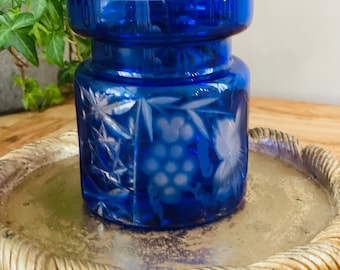 Cobalt Blue Bohemian  Cut Glass Jar, 4" tall, Vase, Storage