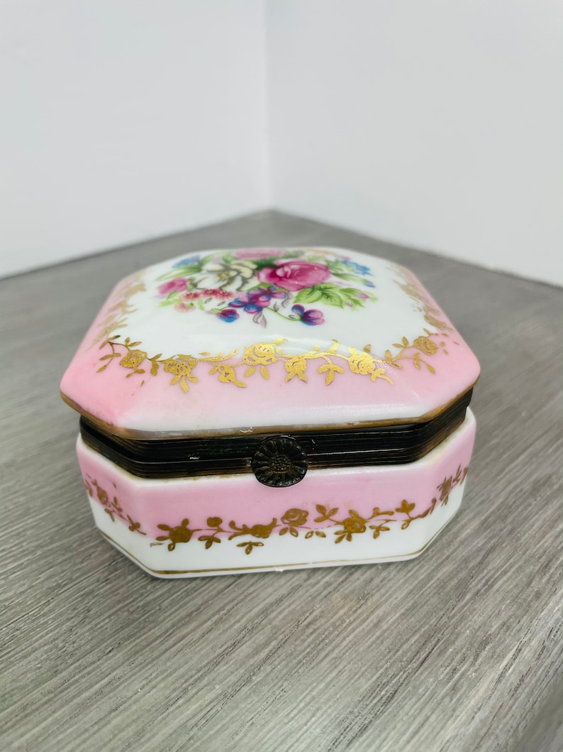 Gilt Floral, Vintage Porcelain Floral Hinged Trinket Box by Norleans Japan