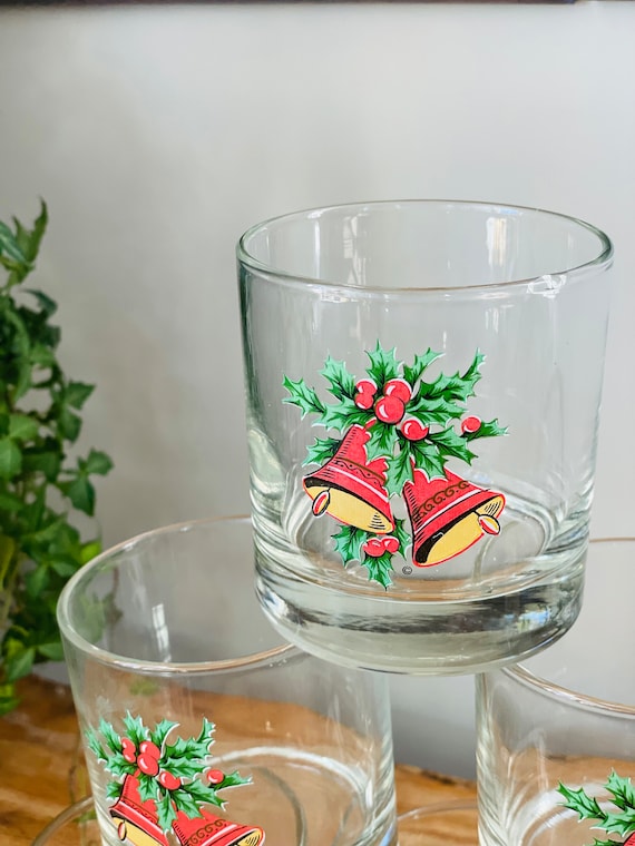 Vintage Christmas Rocks Glasses: Holly, Bells, Ornaments - Set of