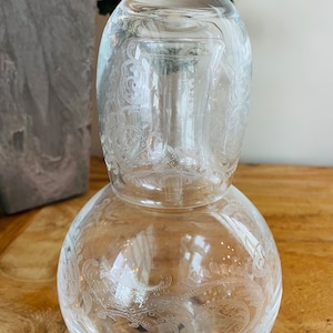 Vintage Bedside Carafe with cup lid, Crystal Decanter with etching, Upside Down Guest water pitcher