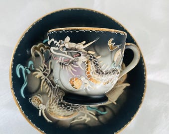 Vintage Japanese Moriage Demitasse Teacup and Saucer, Dragon Design, Made in Japan, Raised Enamel
