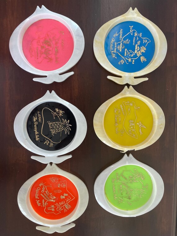 Set of 6 Acrylic Angel Fish Mid Century Coasters in Caddy, Hawaii