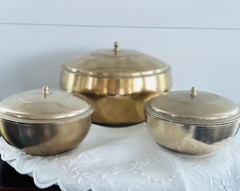 Juego de 3 cuencos chinos antiguos de latón macizo, ollas con tapa, pesados (precio por los 3)