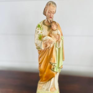 Vintage devotional St Joseph, Faith Decor, Chalkware Joseph holding Jesus, Holy Family, Natural Tones