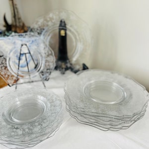 8 Cambridge Rose Point Clear Glass salad Plates, Etched Floral Design