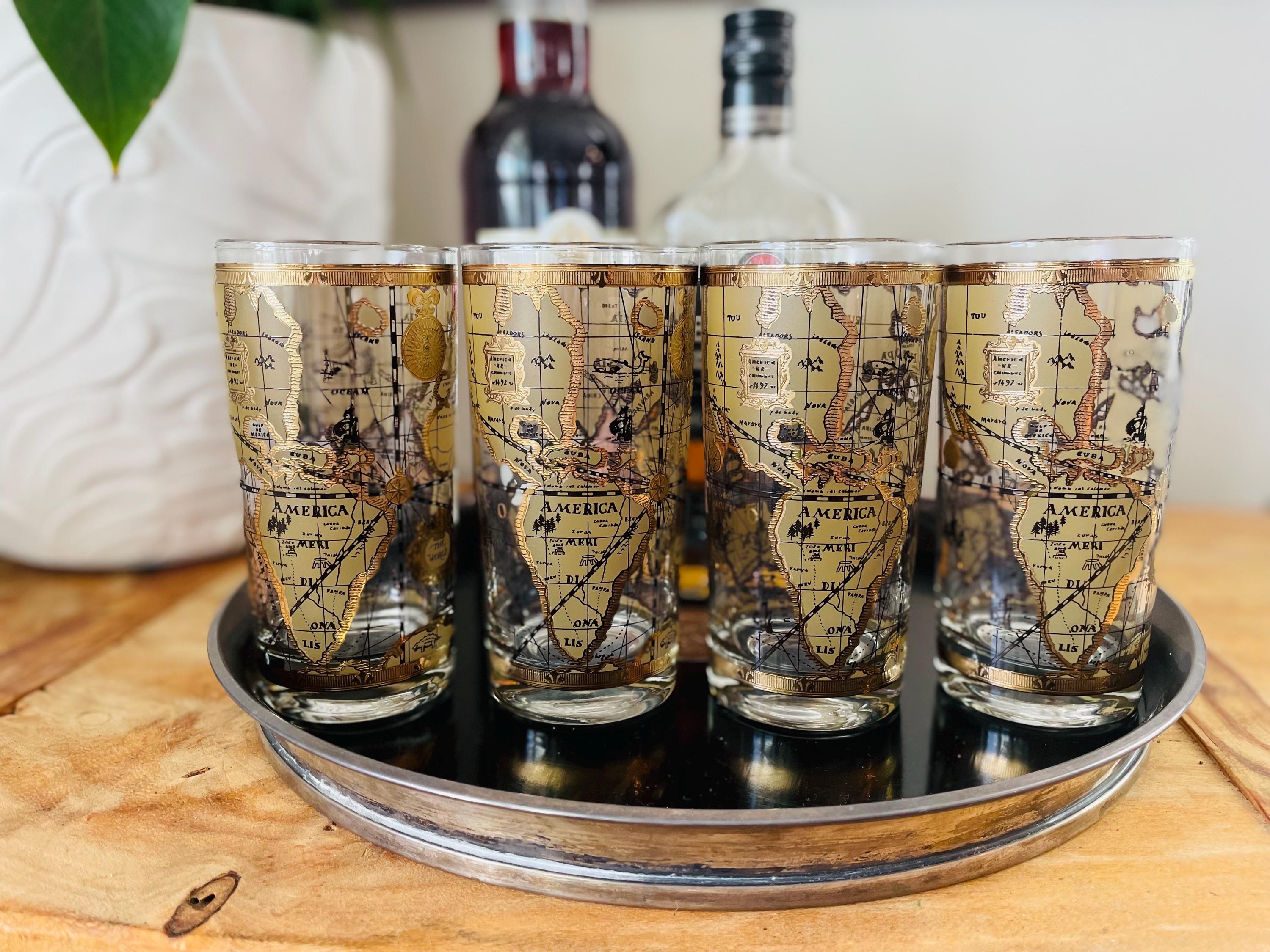 Set of 4 Mid Century CERA 22K Gold World Atlas Maps Highball