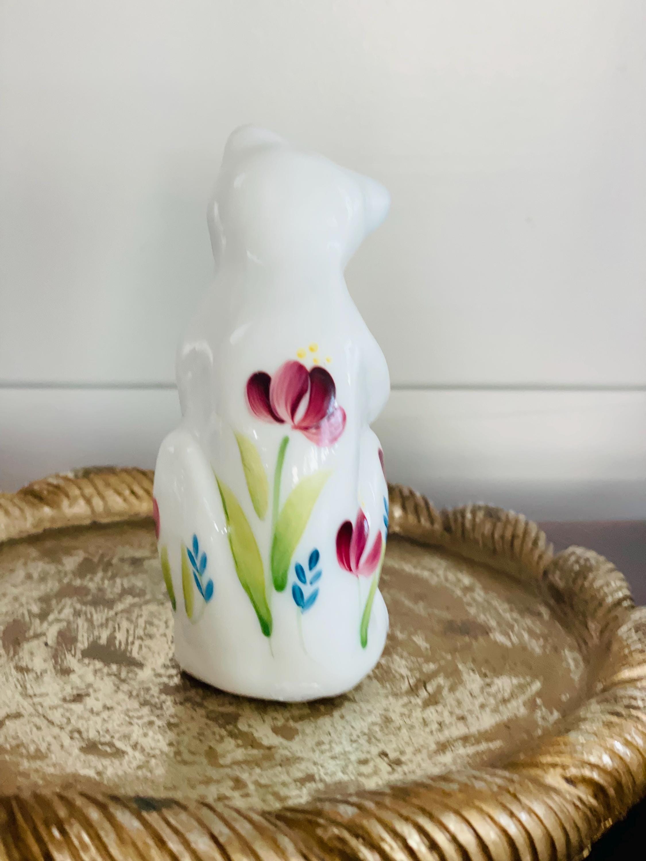 Vintage 1970's White Glass Cat Figurine, Hand Painted Sitting Cat