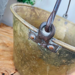 Antique Rustic Brass Pot with handle, Brass Planter, Large Brass handled Cauldron, Forged Handle Brass Pail, Farmhouse, Hearth image 4