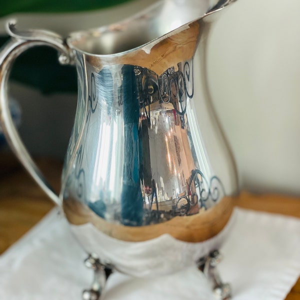 Vintage Silver Plate Footed Water Pitcher with Ice Stopper Spout