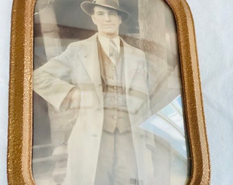 Antique Ornate Gold Wood Frame with Convex Bubble Glass and Instant Ancestor, 17.5", Man in hat