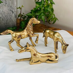 Conjunto de 3 figuras de caballos de latón, ecuestre, estanterías, colección de caballos vintage