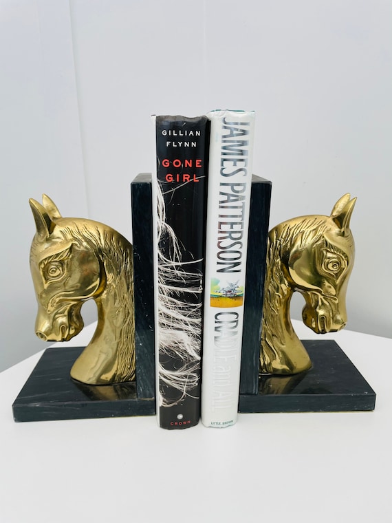 Paire De Serre-livres Tête De Cheval Art Déco – Pierre Onyx Et Marbre – 20 Cm