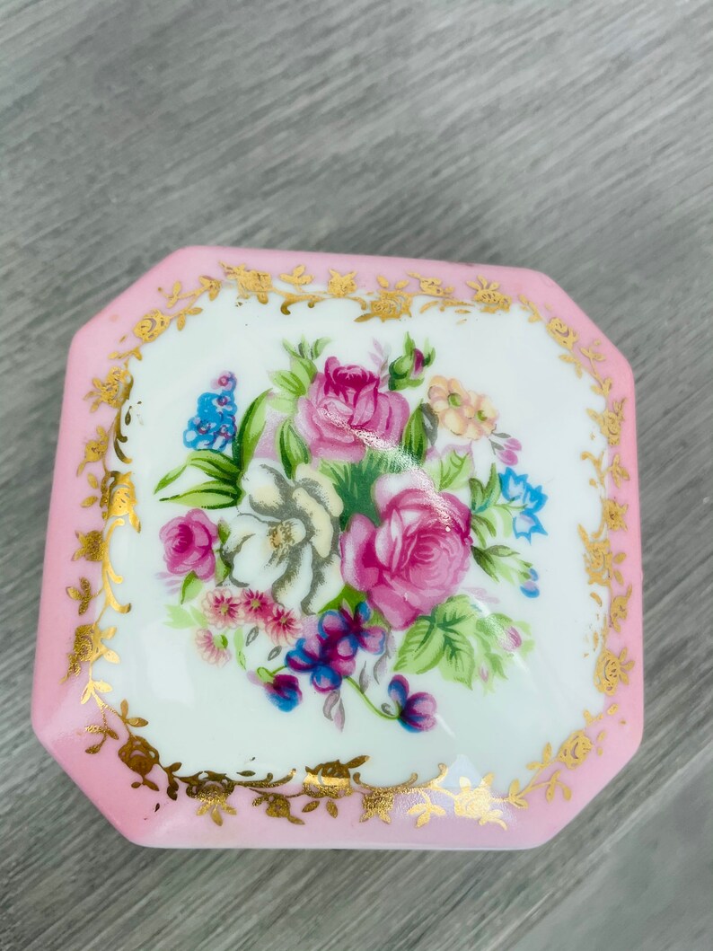 Gilt Floral, Vintage Porcelain Floral Hinged Trinket Box by Norleans Japan