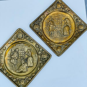 Set of 2 Repousse Brass Gallery Wall Plates, Made in England, Raised Relief Rose Corners, Courting, Dogs