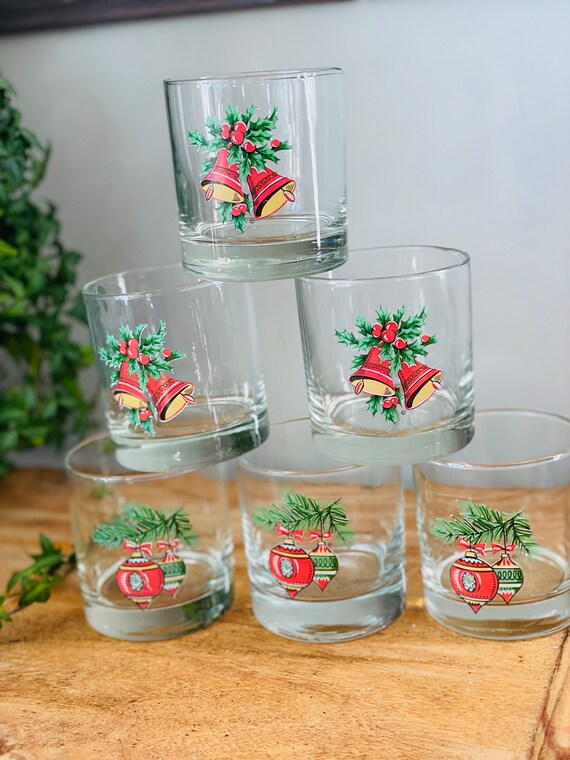 Vintage Christmas Rocks Glasses: Holly, Bells, Ornaments - Set of