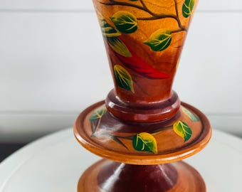 Vintage Mid Century Turned Wood Vase with Hand Painted Exotic Bird and Leaves
