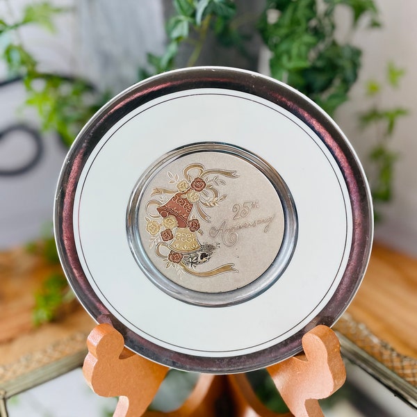 Hand Made Chokin Japanese Decor Plate 25th Anniversary, Etched copper with 24K gold Edge,