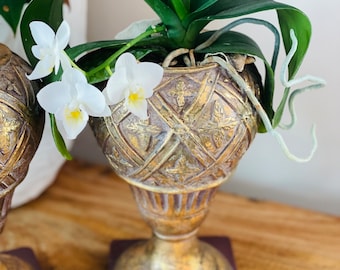 May include: A white orchid plant with white flowers in a gold and brown decorative pot with a burgundy base.