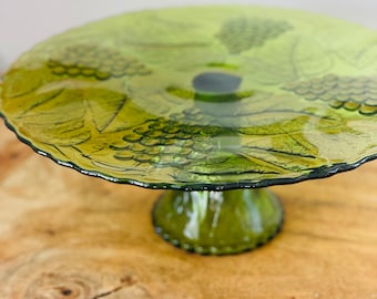 Vintage Green Glass Pedestal Cake Stand with Scalloped Edge Grape Leaves, Wedding, Shower, Cake Display