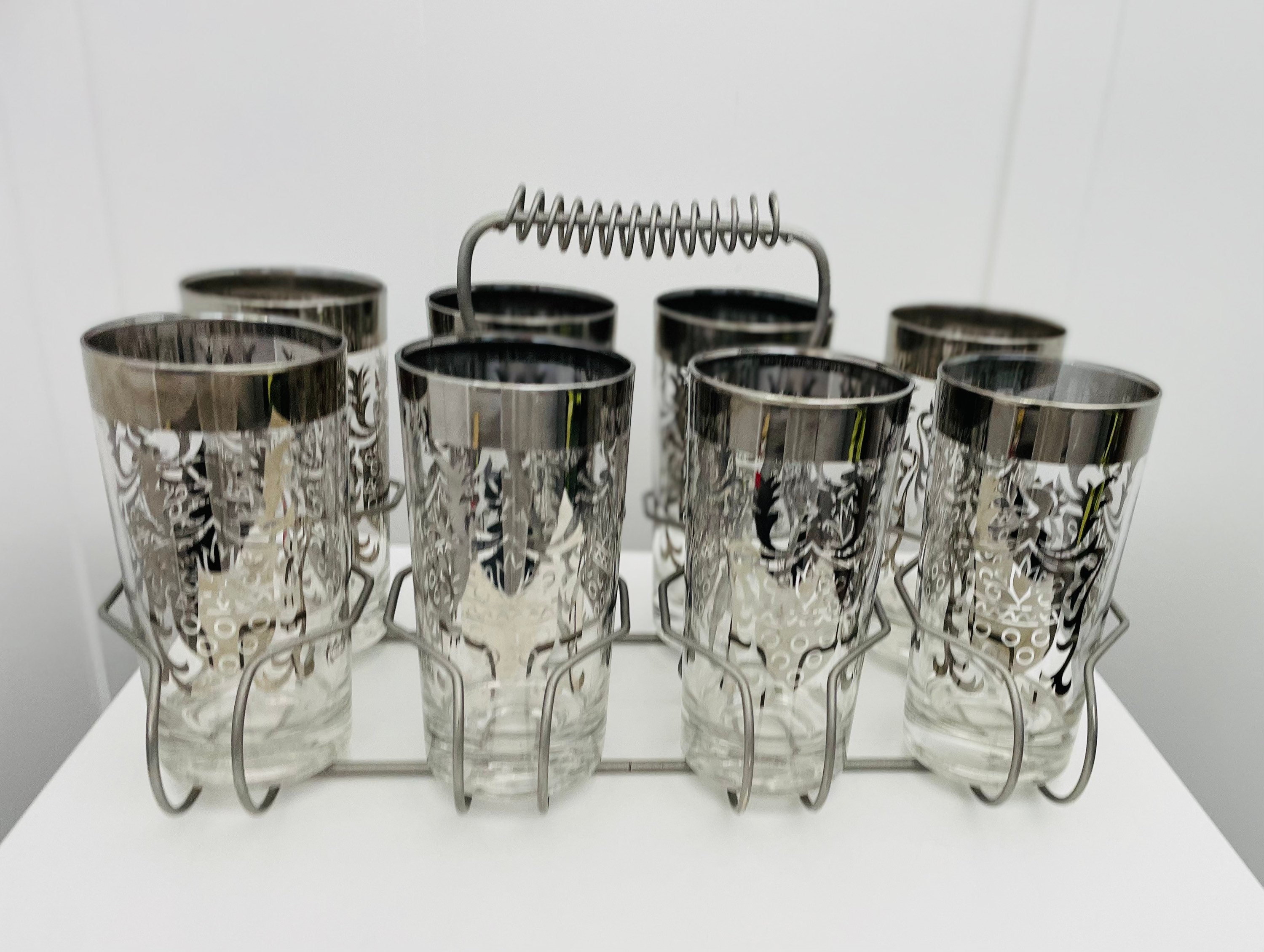 Vintage Kimiko Signed Silver High Ball Glasses Set of 8 with