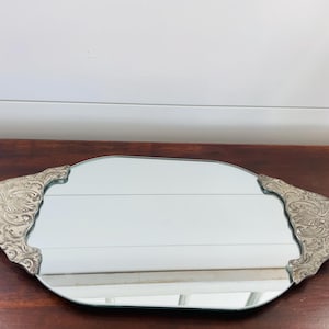 Vintage Silver Plate Repousse Oval Vanity Mirror, Dresser Tray