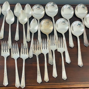 Vintage Silver Spoons, Dessert Forks, Soup Spoons,  International Silver Rogers, IS, XII   23 pieces, Silver Plate, Flatware