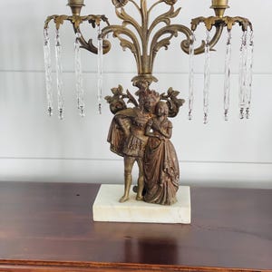 Antique Brass Two Arm Mantel Luster Girandoles with Crystal Prisms Candelabra, Marble Base, Victorian Couple, (See Ship note)