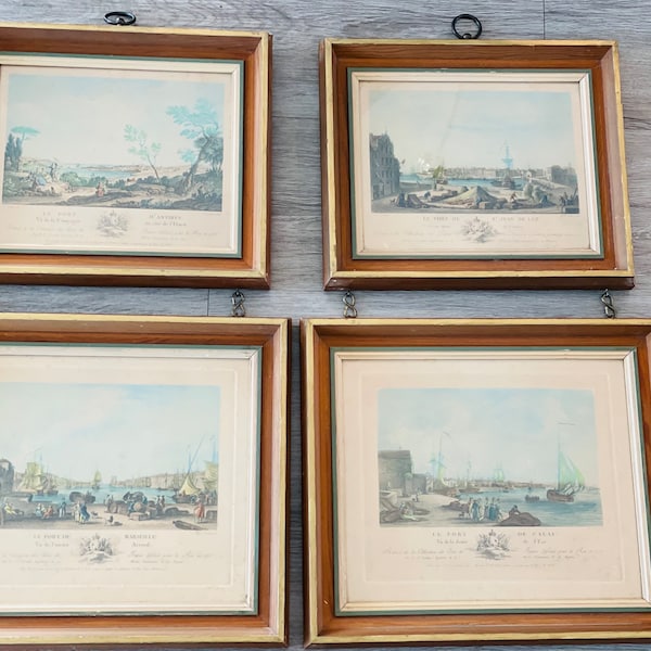 Vintage Framed Artwork, French Early Engravings, Le Port De Marseille, Antibes, Saint de Luz Ciboure