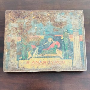 Antica scatola di sigarette turche Murad, latta, scatola pubblicitaria, scatola di tabacco S. Anaroyros, scatola di latta da collezione, anni '20