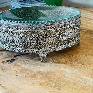 Vintage Gold Filigree Jewelry Casket: Beveled Glass Ormolu Trinket Box