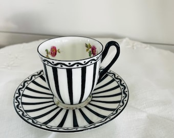 Vintage Coalport for Ovington Brothers Porcelain Black and White Stripe Demitasse cup and Saucer, Teacup, England