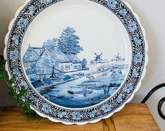 Large 16" Belgium Delft Porcelain Landscape, Canal Scene Blue and White Wall Platter, Wall Hanging, Chinoiseries