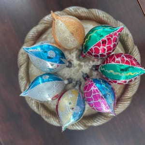 Group of 7 Vintage Mercury Glass Hand Painted Ornaments, Mixed colors - Teardrop, Christmas Decorations