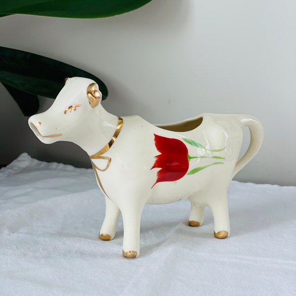 Vintage Cream Color Cow Creamer with Red Tulip, Gold Trim, Collectible (fleabite on ear)